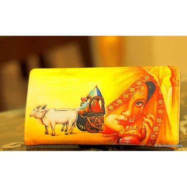 Yellow Clutch Purse With Indian Village Scene Digital Print, Faux Leather and Fabric Purse